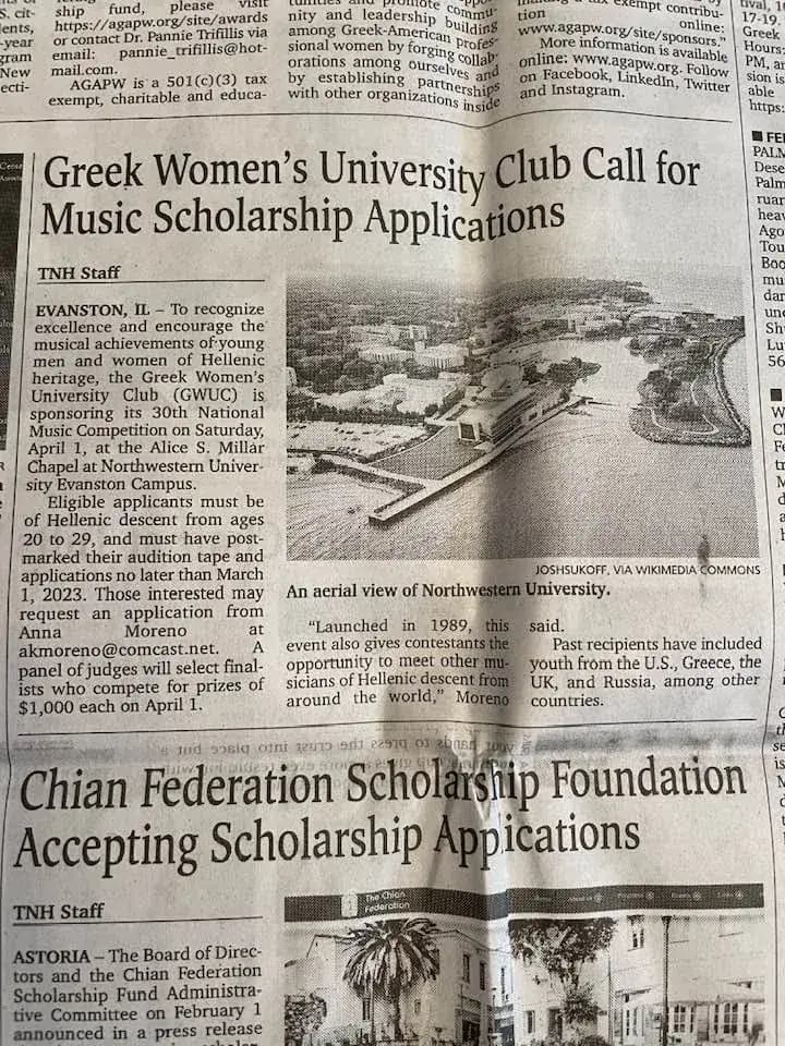 Newspaper coverage of the club's call for music scholarship applications